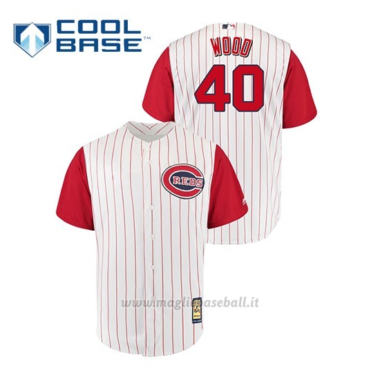Maglia Baseball Uomo Cincinnati Reds 40 Alex Wood Throwback 1961 Cool Base Bianco Rosso